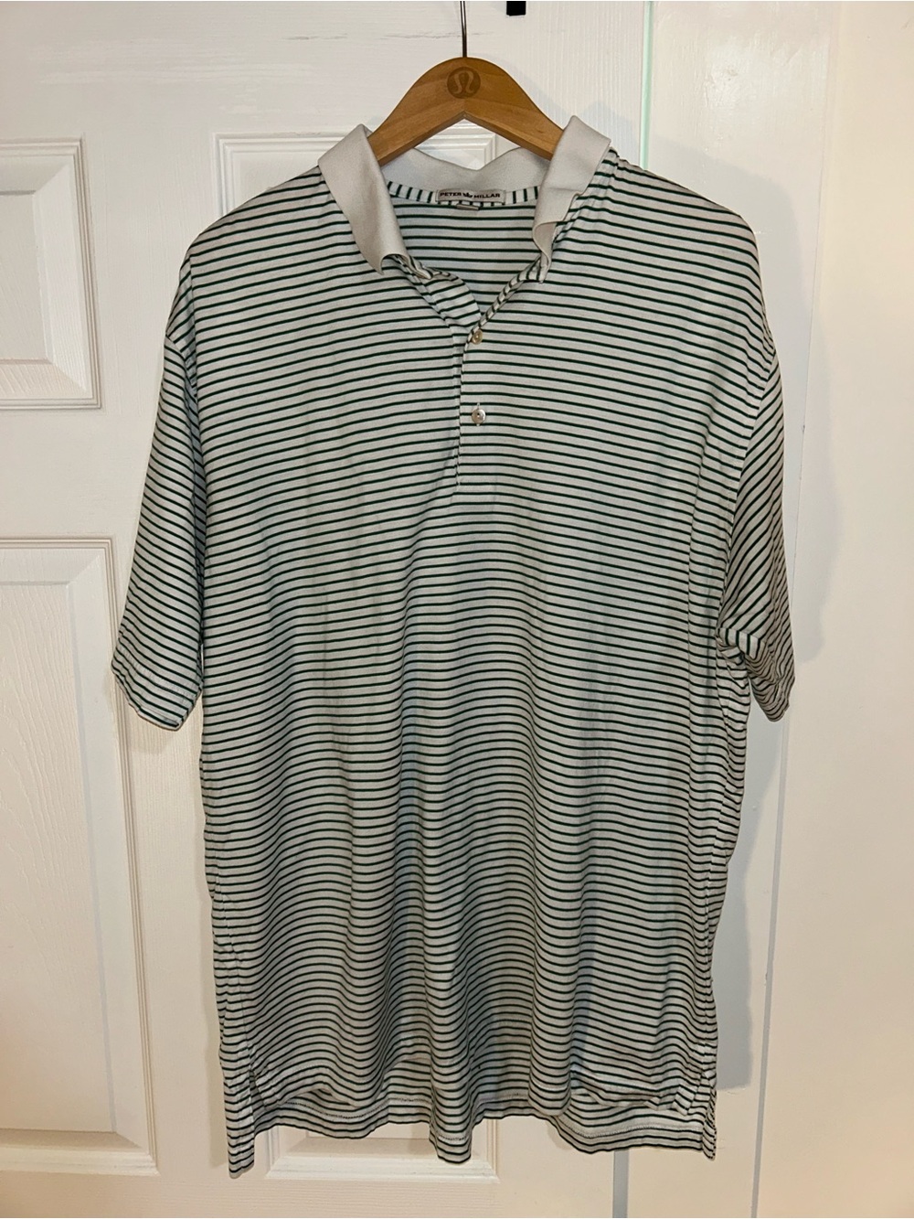 Peter Millar White Polo with Thin Green Stripes